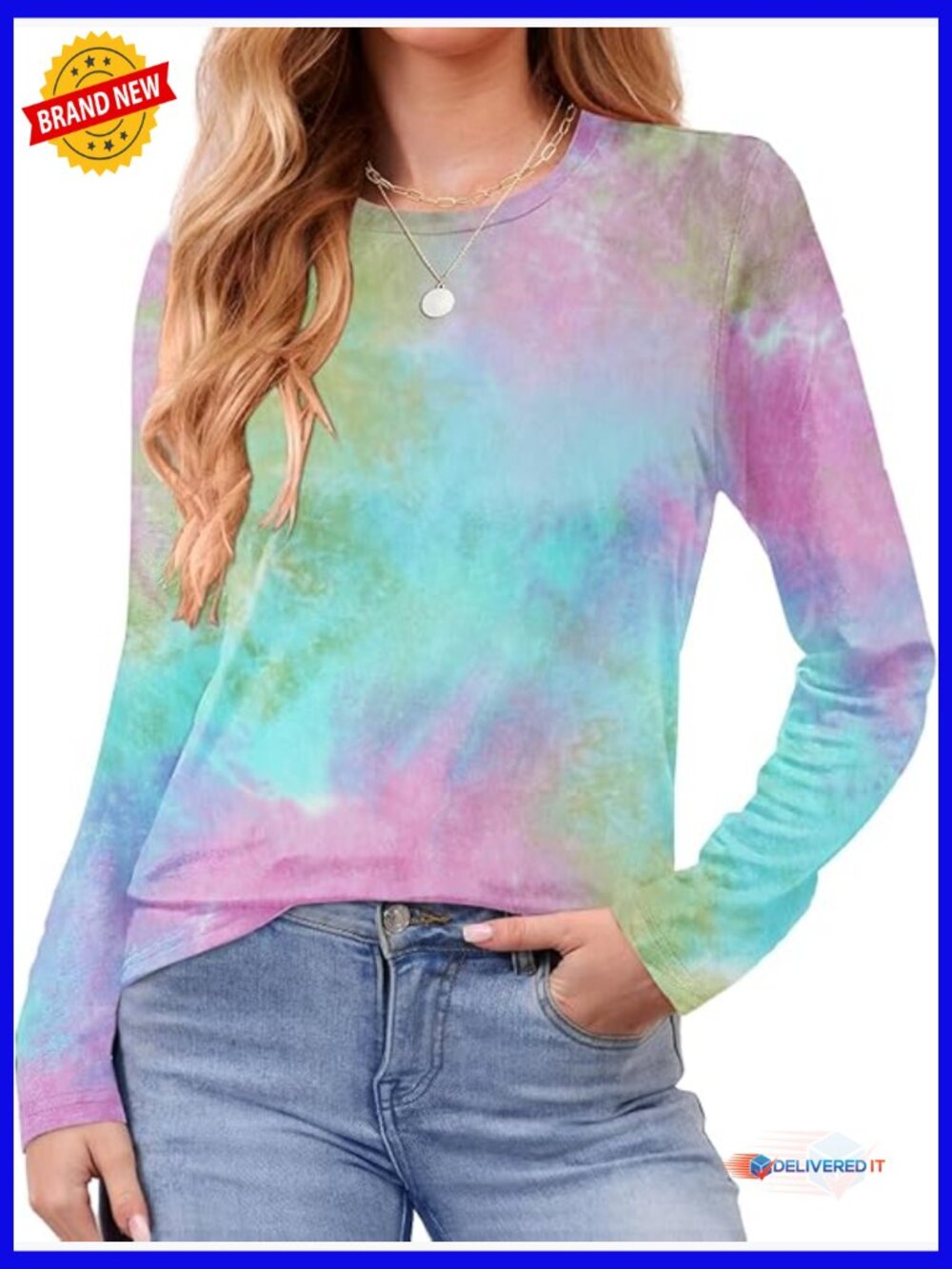 Long Sleeve Crew Neck Tie Dye Tee Basic T-Shirt Women